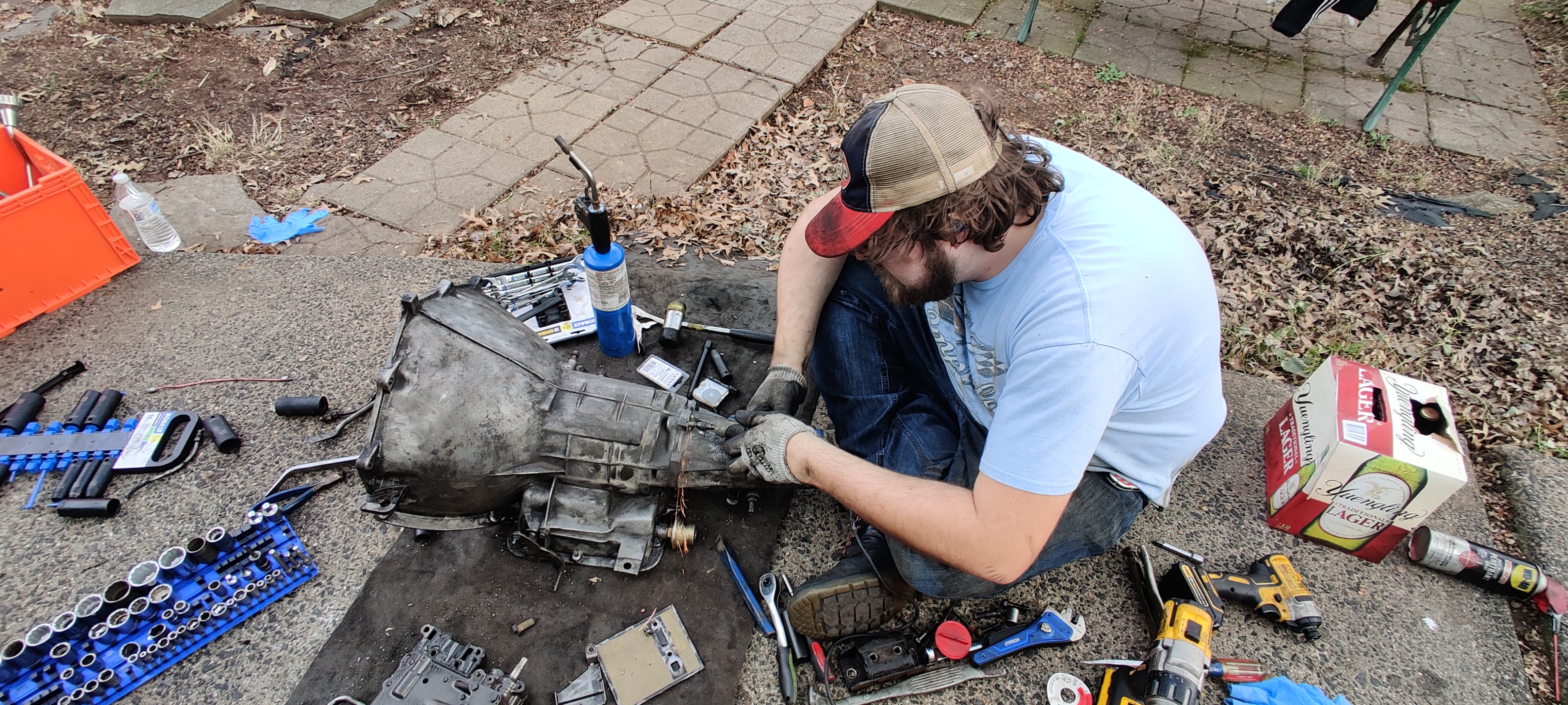 Working on the bellhousing of the transmission